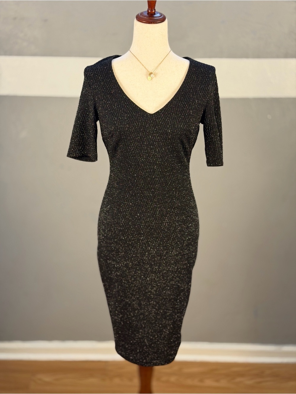 Black Glitter V-Neck Midi Dress